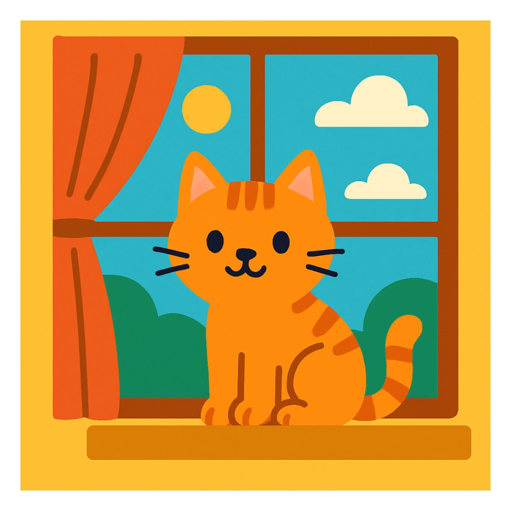 flat toon style cat at a window with simple shapes and bright colors sticker