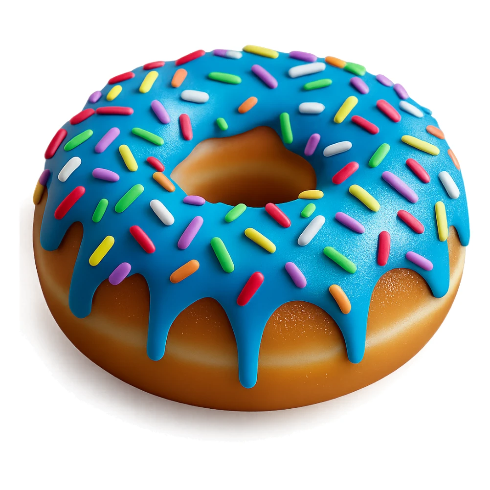 Add colorful rainbow sprinkles to the blue glazed donut, keep it realistic with soft lighting, transparent background. Maintain a photorealistic style with soft lighting and natural textures. sticker