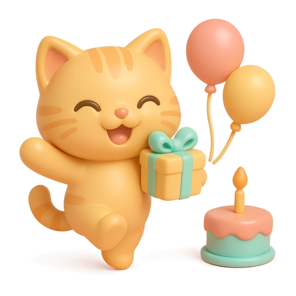 ginger tabby kitten jumping with joy, holding a birthday gift, birthday cake and balloons in background sticker