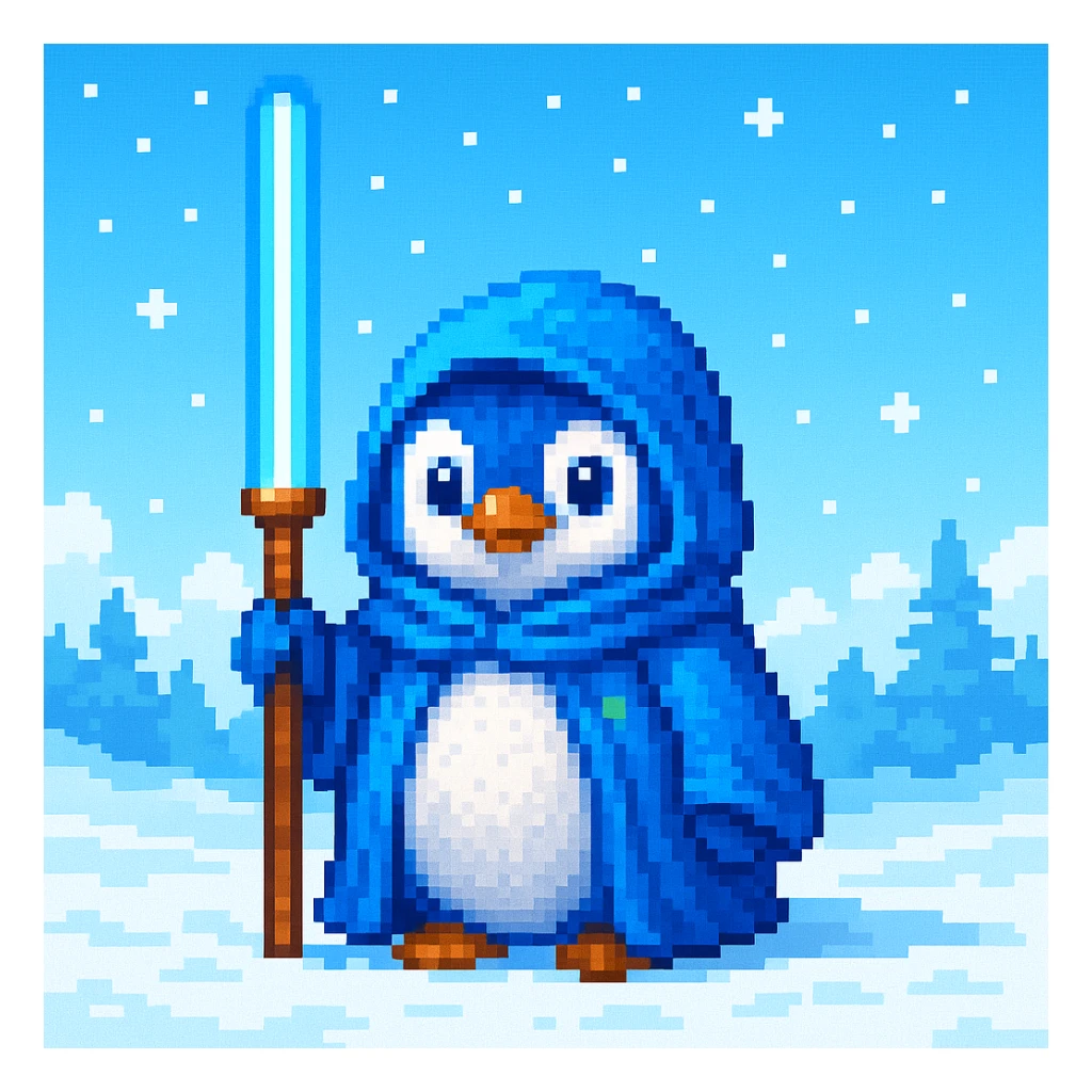 Change the scene to daytime with a bright sky, keeping the pixel art style and snowy background. The style should resemble pixel art with clear, crisp pixel details and vibrant colors typical of pixel art illustrations. sticker