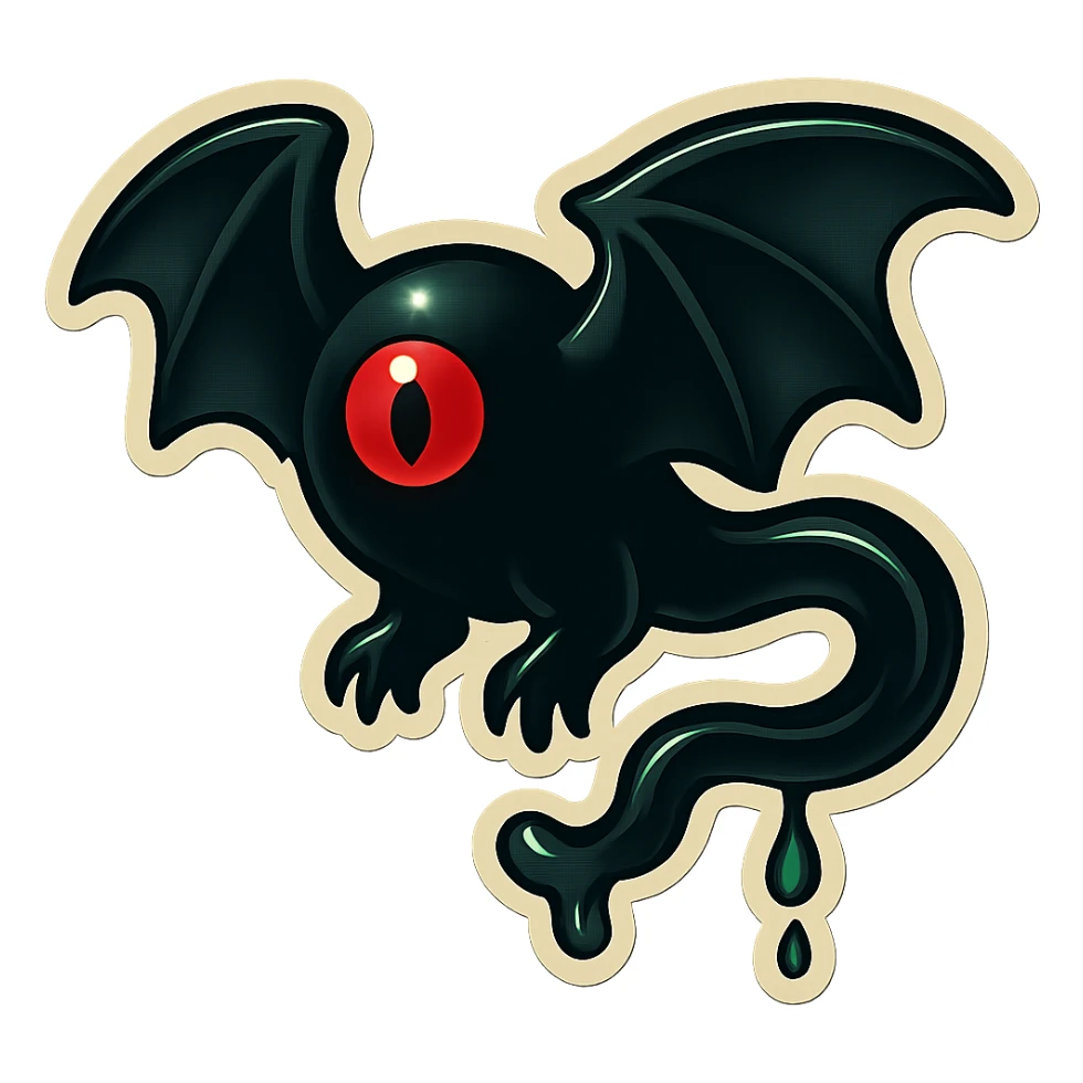 an all black reptilian bat-like creature. One cyclopian red eye in its face. no visible mouth or ears. 2 hind legs with claws. has a long tale with a stinger that drips green poison. no ears. no horns. no arms. sticker