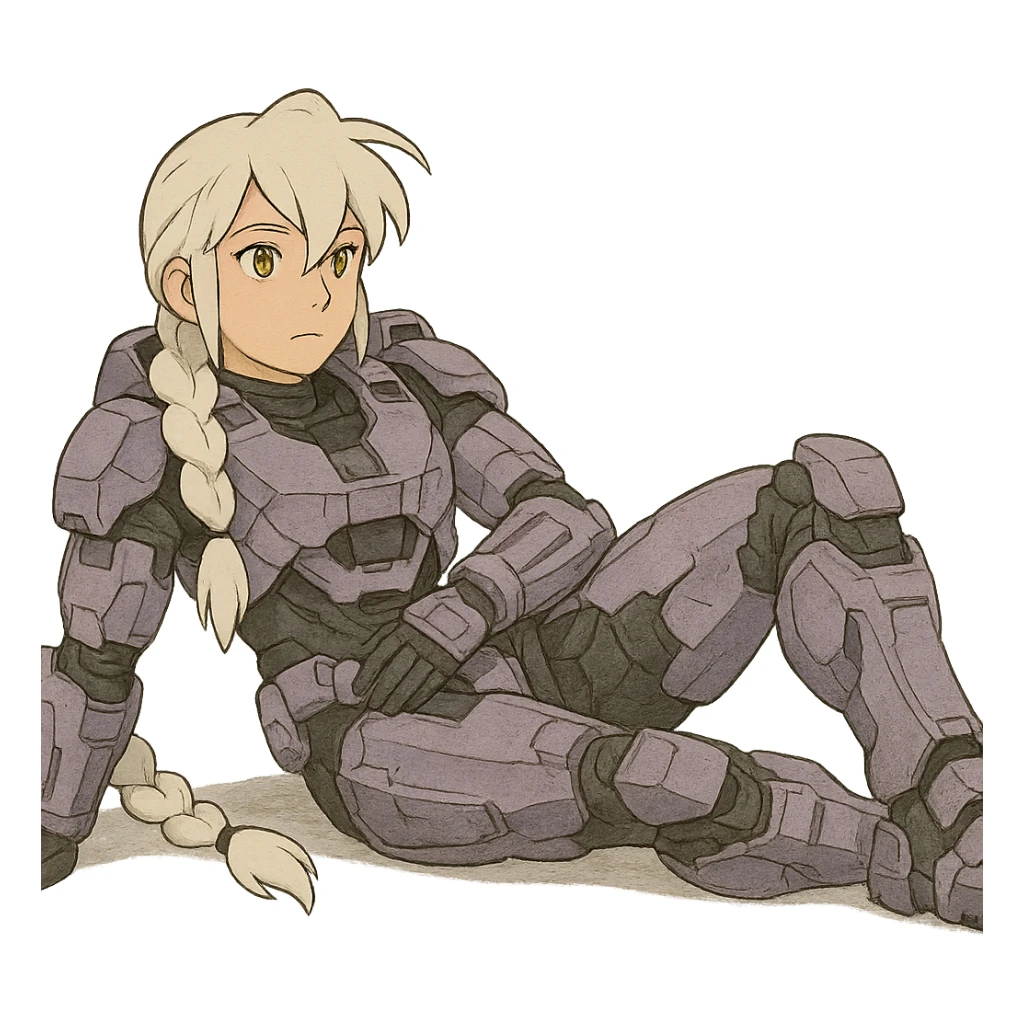female, wearing reach spartan armor shoulder-unequip, long white braid hair with massive messy front side single bangs, gold yellow eyes, attention pose, HALO:series, no helmet, the armor is lavender color scheme, laying back and relaxing flat on the ground sticker