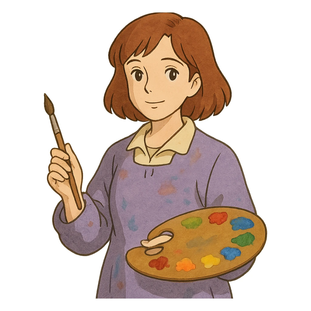 Serene female oil painter, Caucasian features, shoulder-length auburn hair, soft brown eyes, gentle smile, wearing a violet painter’s smock lightly stained with paint over a beige blouse, holding a wooden palette with vibrant colors in one hand and a brush in the other, waist-up, front-facing sticker