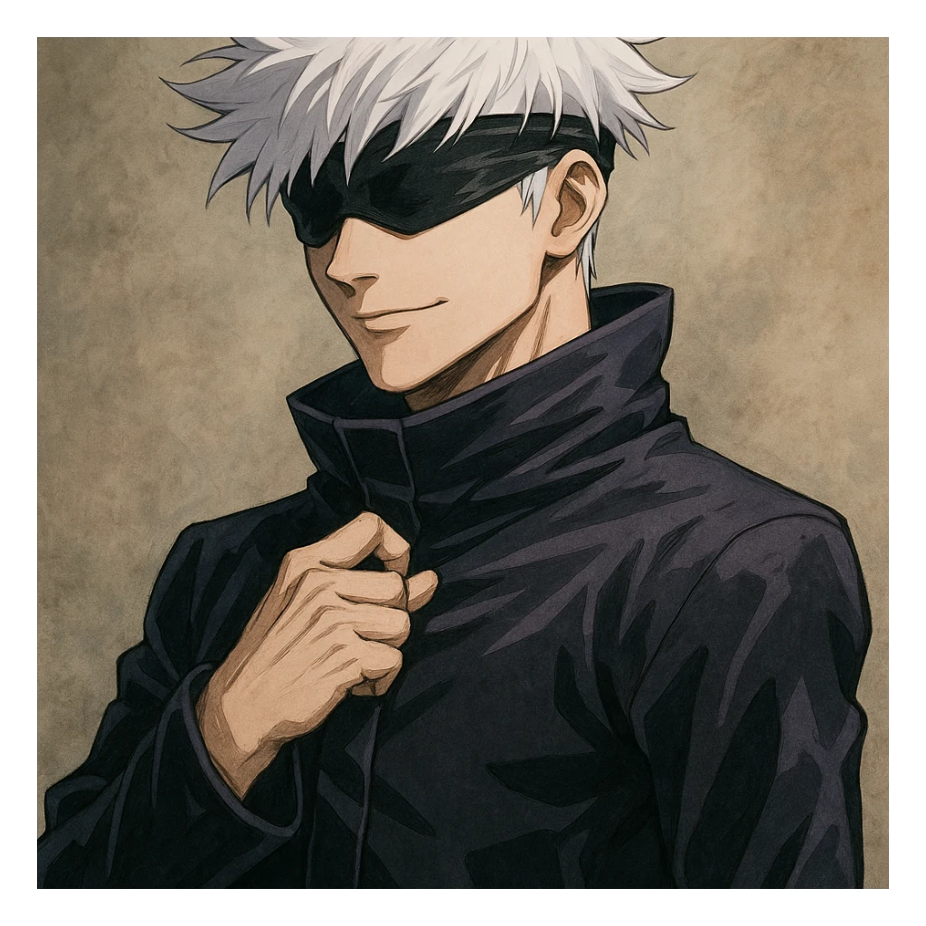 Gojo Satoru, white hair, blindfold, confident pose, anime style sticker