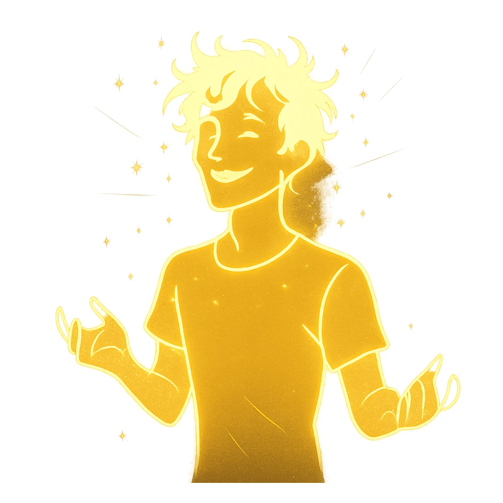 radiant young man with a soft glow and captivating energy, symbolizing lighthearted chaos and allure, in a minimalist silhouette sticker