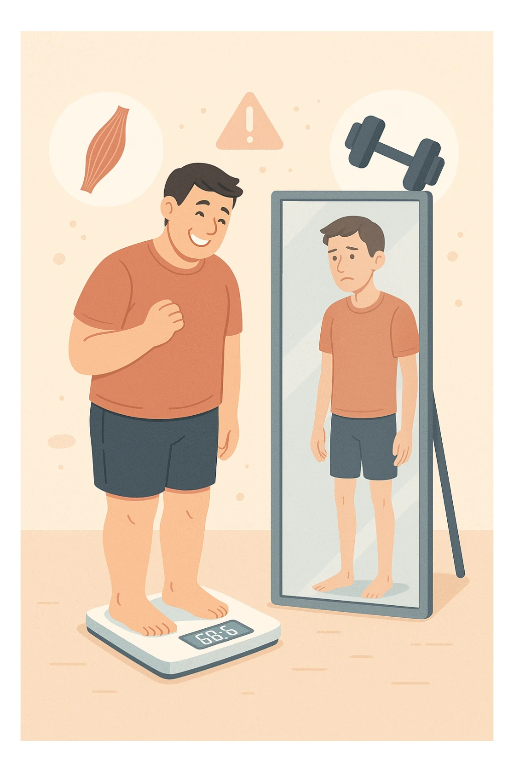 a man stands on a scale, smiling at the lower number, but his reflection in a nearby mirror shows a thinner, but also visibly weaker and less muscular body. Around him, floating icons or faded images of muscle fibers and dumbbells highlight the overlooked loss of muscle mass. The mood is cautionary and educational. in italiano sticker