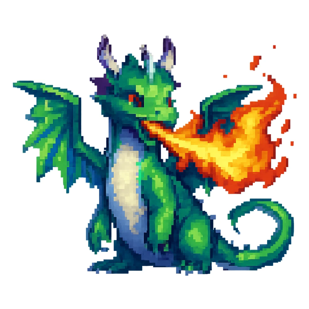Add fire breath to the dragon in pixel art style, no background, keep pixel art aesthetic and details. sticker
