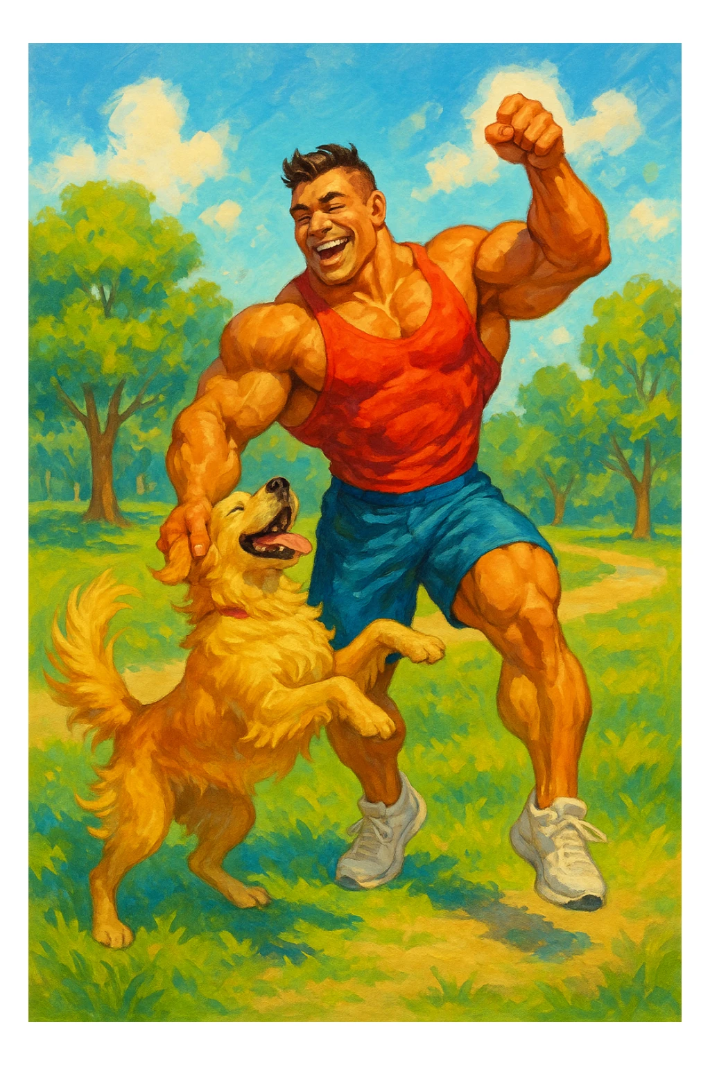 Bodybuilder che balla con un golden retriever sticker