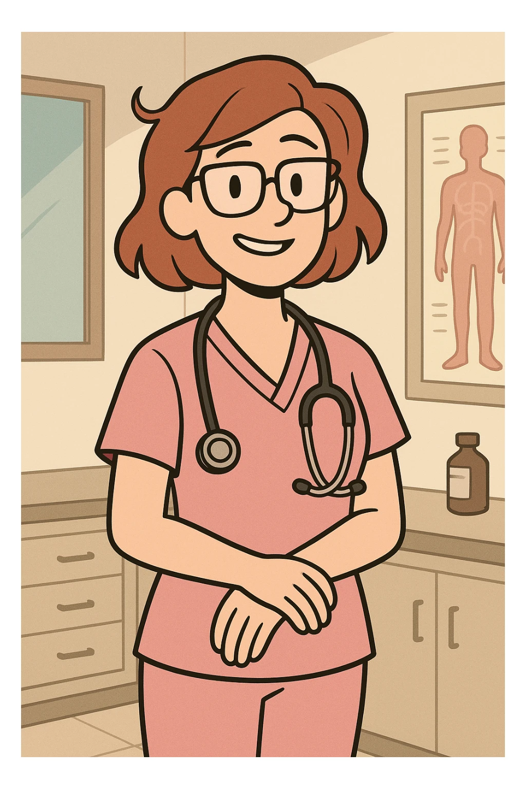 female doctor wearing a pink outfit, stethoscope, friendly expression, medical setting, modern illustration style sticker