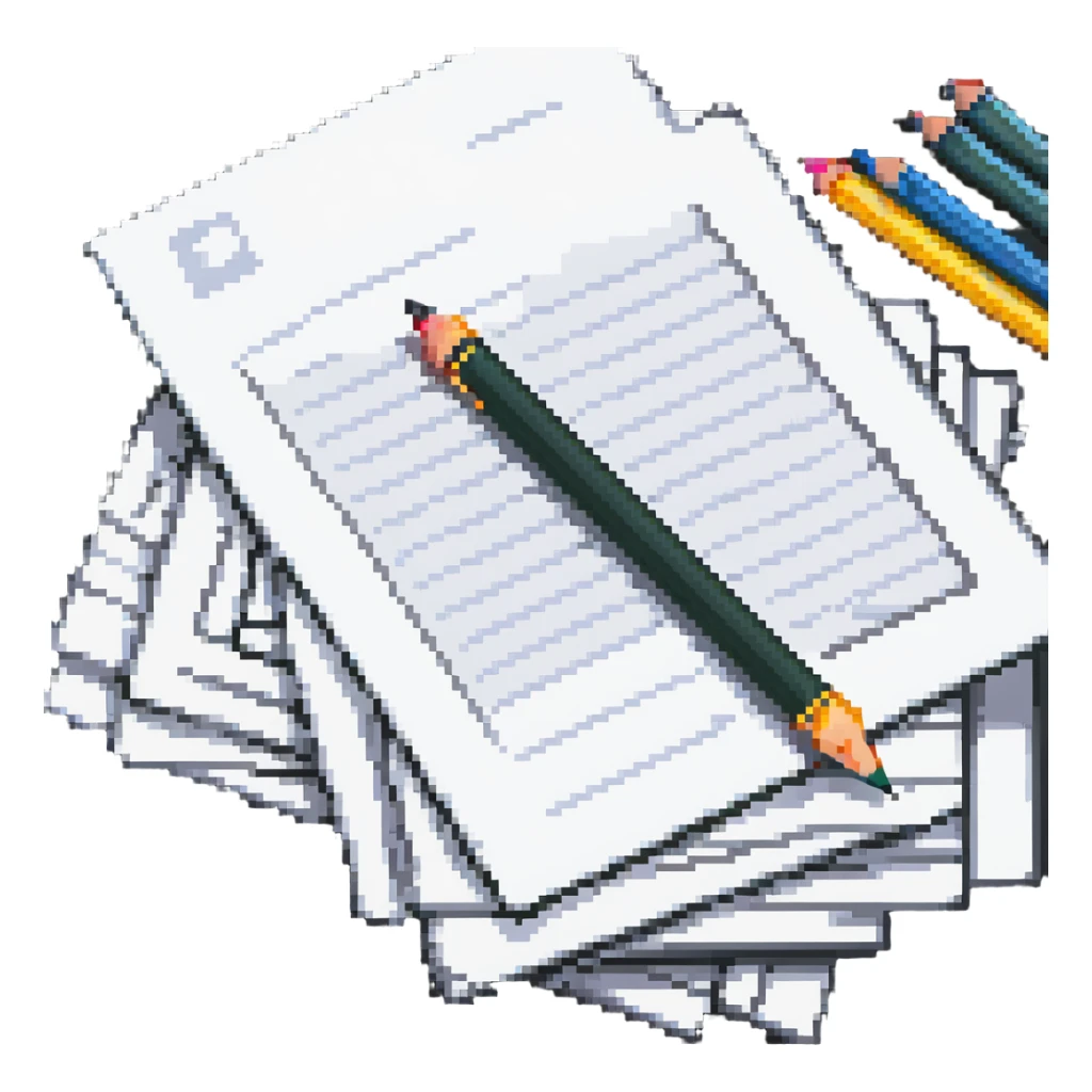 pixel art of a stack of exam papers with a pencil sticker