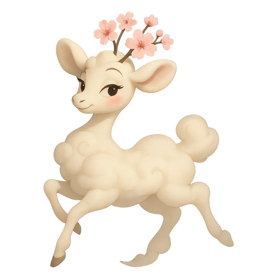 Pixar style graceful feminine vanilla cloud doe, rosy cheeks, cherry blossom head, floating elegantly, confident charming presence sticker