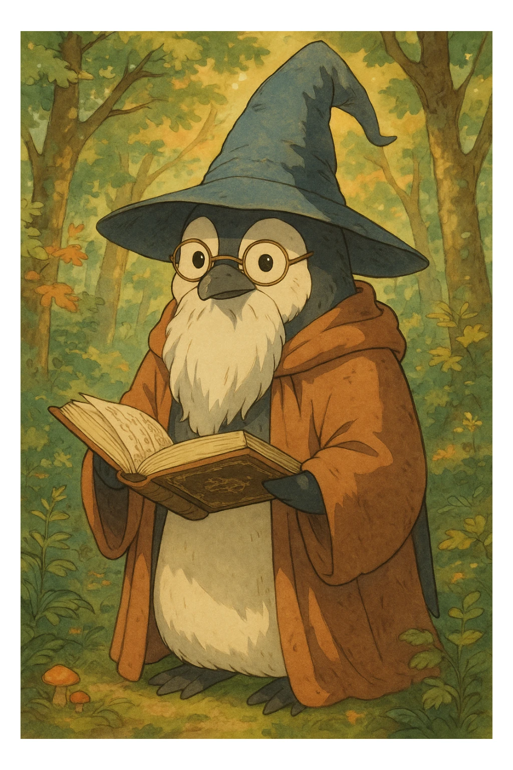 a wise penguin wizard with glasses, a long beard, and a book of spells, in a charming illustrated style sticker