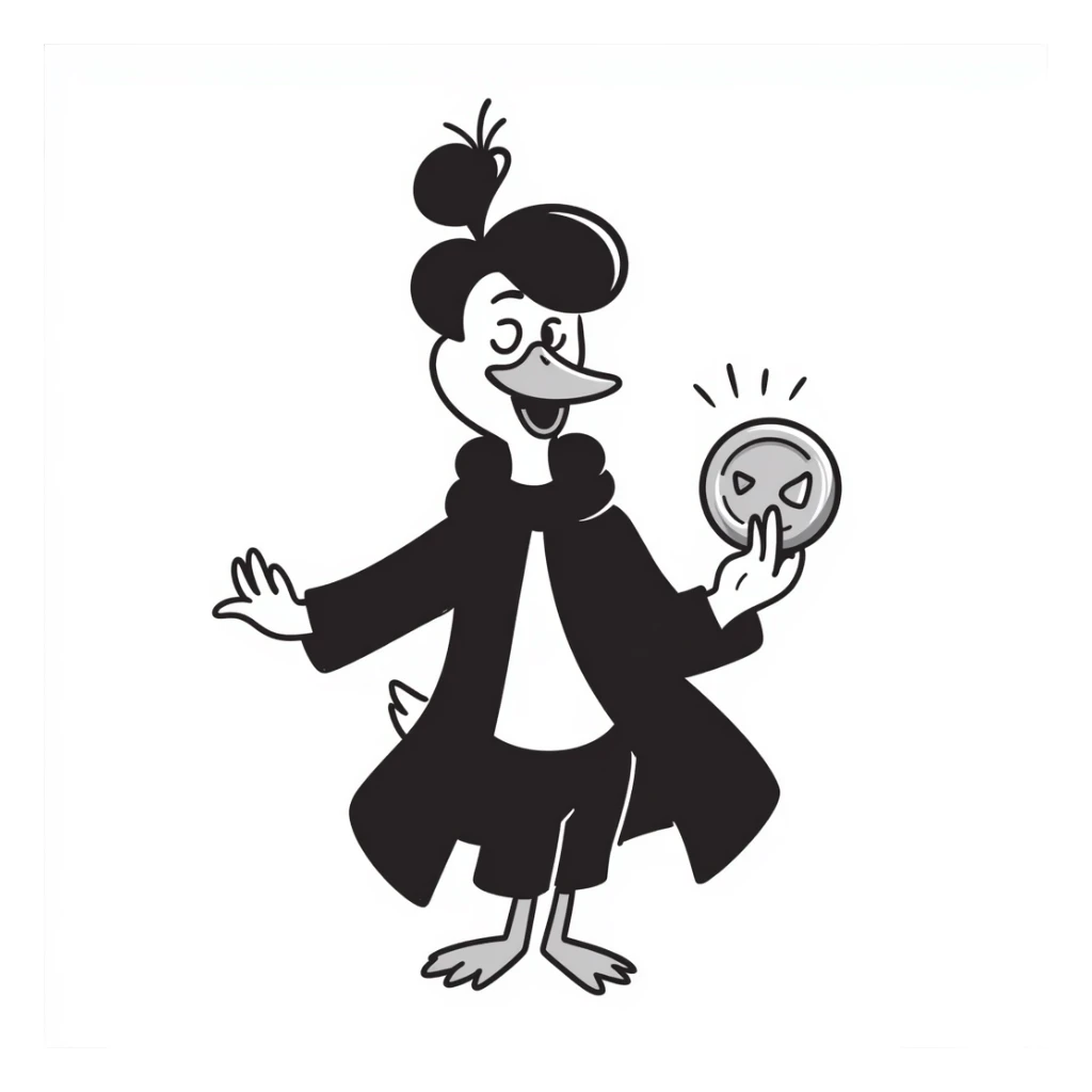 A cool duck in a mysterious black cloak flipping a silver coin sticker