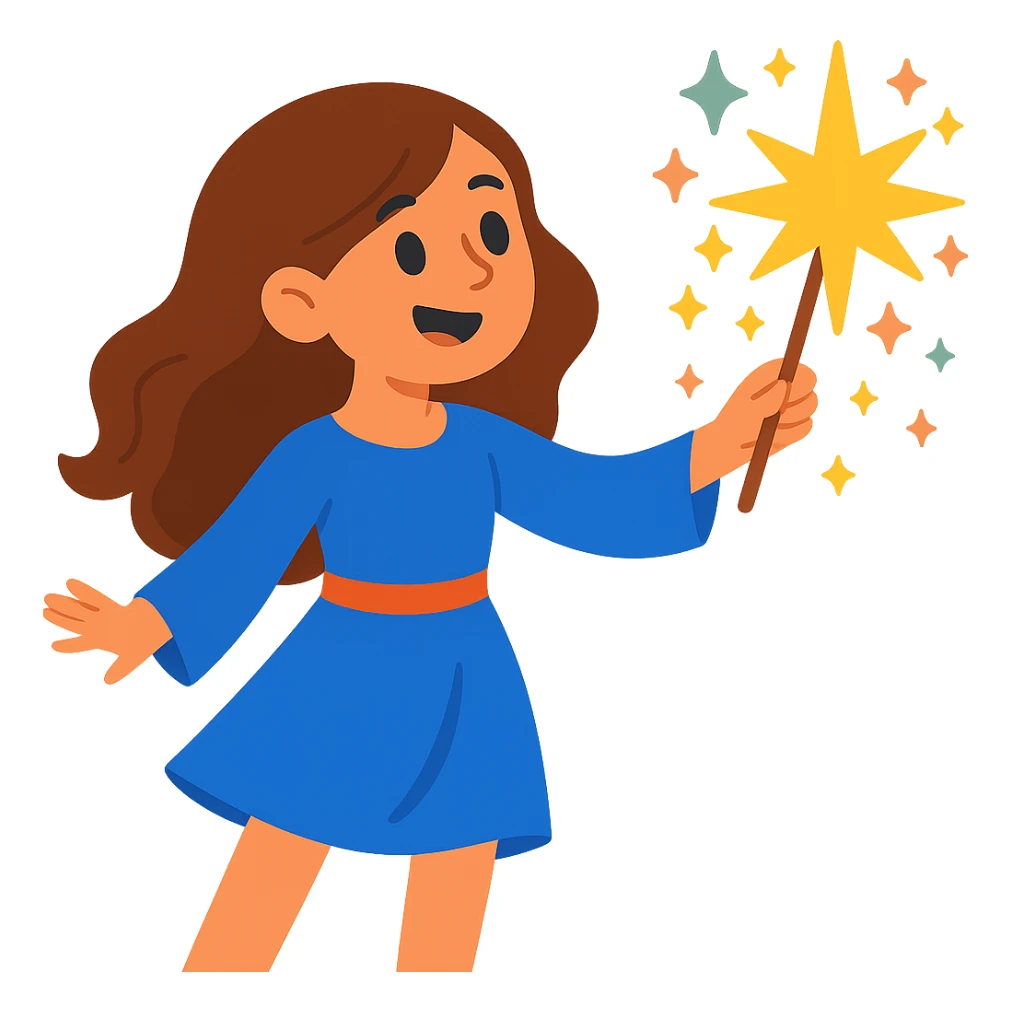 Remove the hat from the brunette girl witch casting a spell, keep her whimsical and magical, vibrant toon style, no background. sticker
