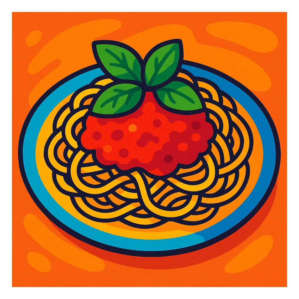 a plate of spaghetti with tomato sauce and basil, vibrant toon style sticker