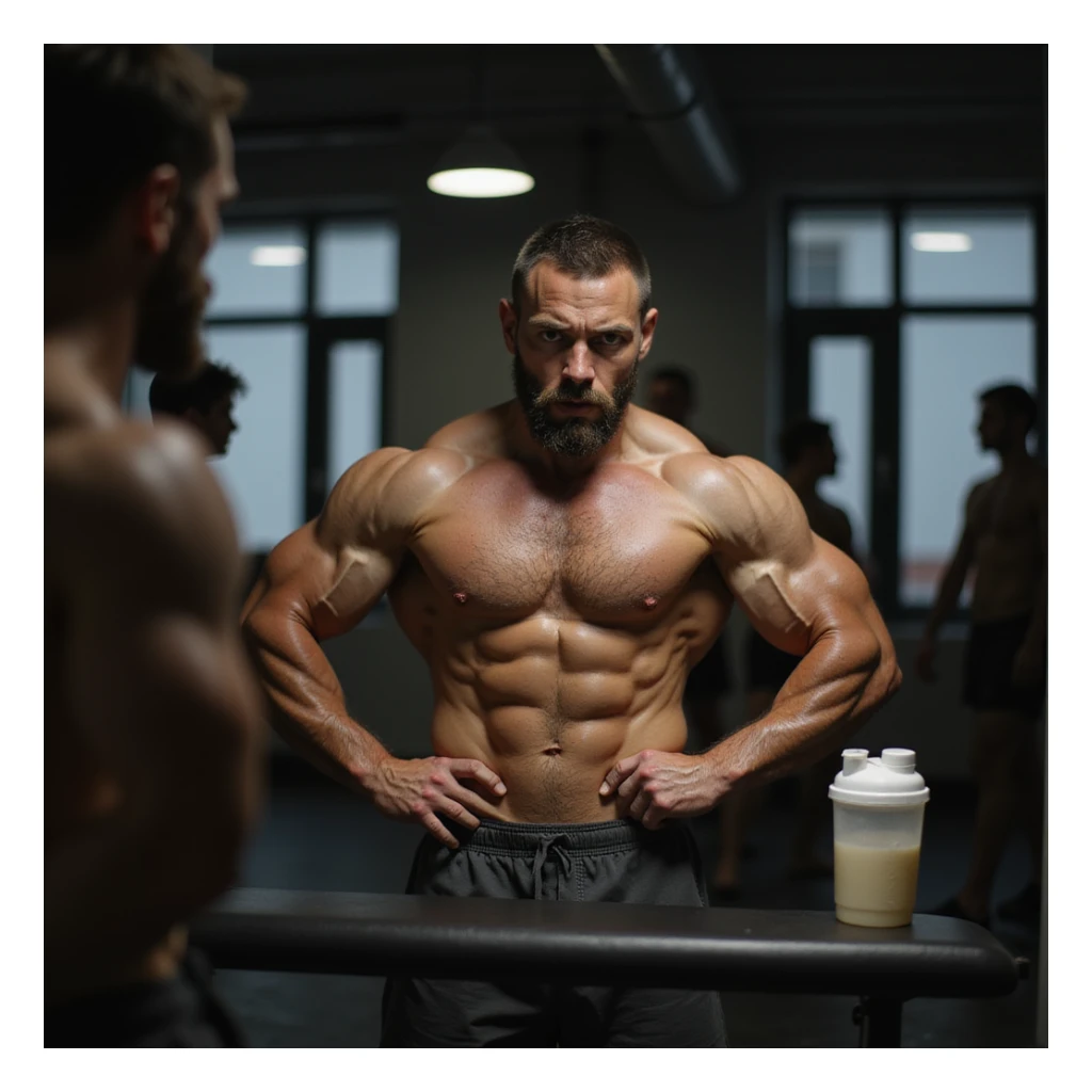 realistic bodybuilder man in extreme definition phase, very lean, dry and less full muscles, visible veins, lean body, in front of mirror, doubtful or frustrated expression, gym background, dim light, protein shaker on bench sticker