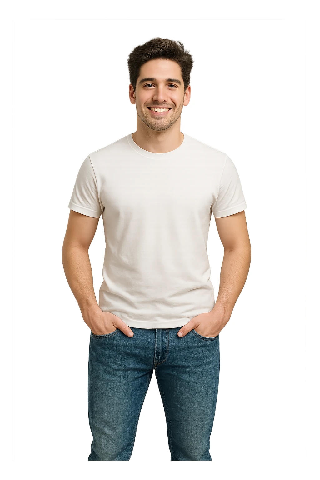 Man 25 years old wearing blue jeans and white t-shirt sticker