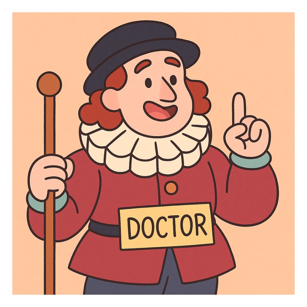Tudor doctor, with ruff collar and hat, pastel toon cartoon style sticker