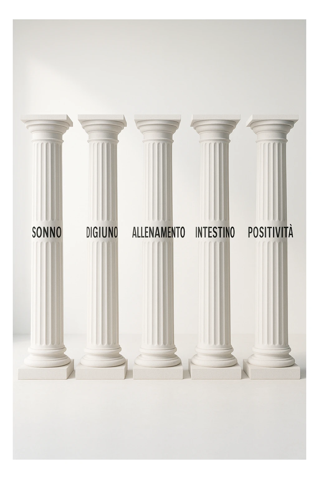 5 pilastri con le scritte "SONNO", "DIGIUNO", "ALLENAMENTO", "INTESTINO", "POSITIVITà" IMMAGINE IPERREALISTICA SFONDO CHIARO IN ITALIANO sticker