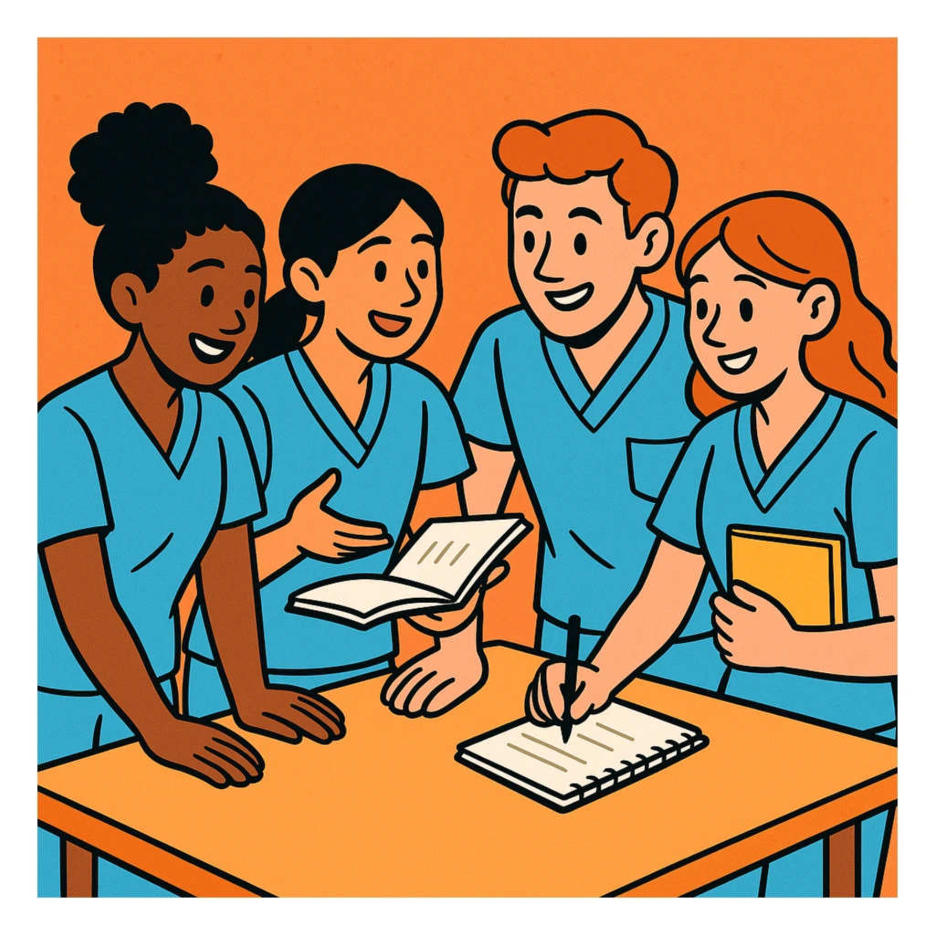 four nursing students collaborating, short-sleeve nurse uniforms, no stethoscope, friendly atmosphere, modern cartoon style sticker
