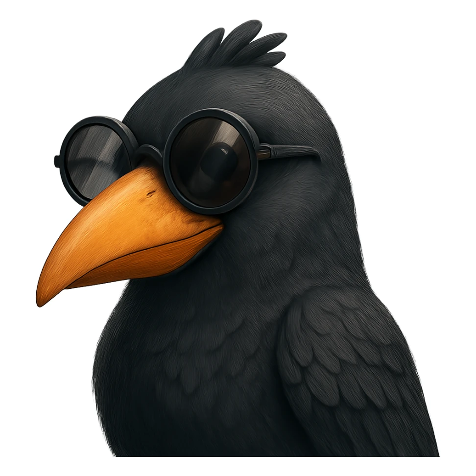Make the bird slightly more realistic than the original, but still cartoonish. Keep the same pose, orange beak, and round sunglasses. Add subtle feather texture and gentle shading, but not hyper-realistic. No background. The style should maintain the cartoonish look of the original bird. sticker