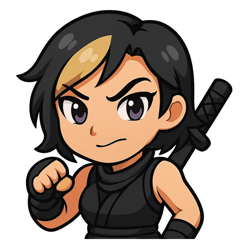 Create an anime chibi style ninja girl with the same face, outfit, and colors as the reference. The ninja girl should have her fist coming back down, returning to the starting position. Transparent background, sized for Twitch emoji use. This is animation frame 4. sticker