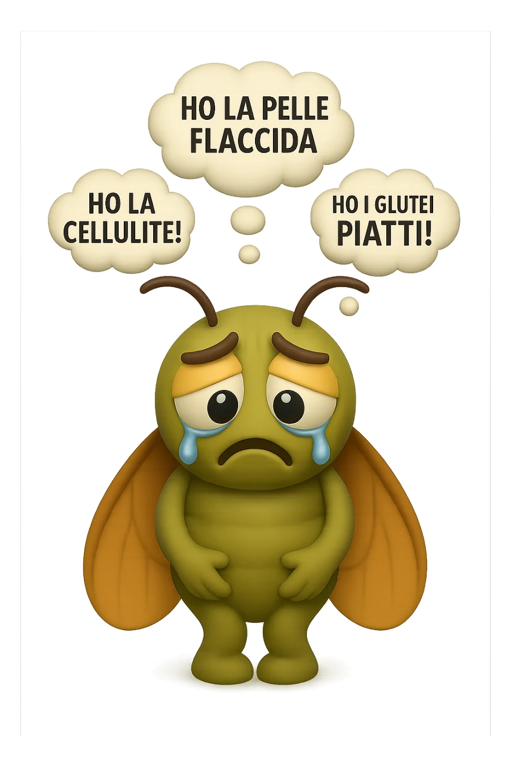 EMOJI STILE IPHONE 3D DI una cicala triste che si tocca le cosce e piange perché non le piace il suo fisico, posa frontale, fagli anche la parte bianca degli occhi, non solo la pupilla, sulla testa della cicala aleggiano i pensieri "HO LA PELLE FLACCIDA", "HO LA CELLULITE!", "HO I GLUTEI PIATTI!" sticker