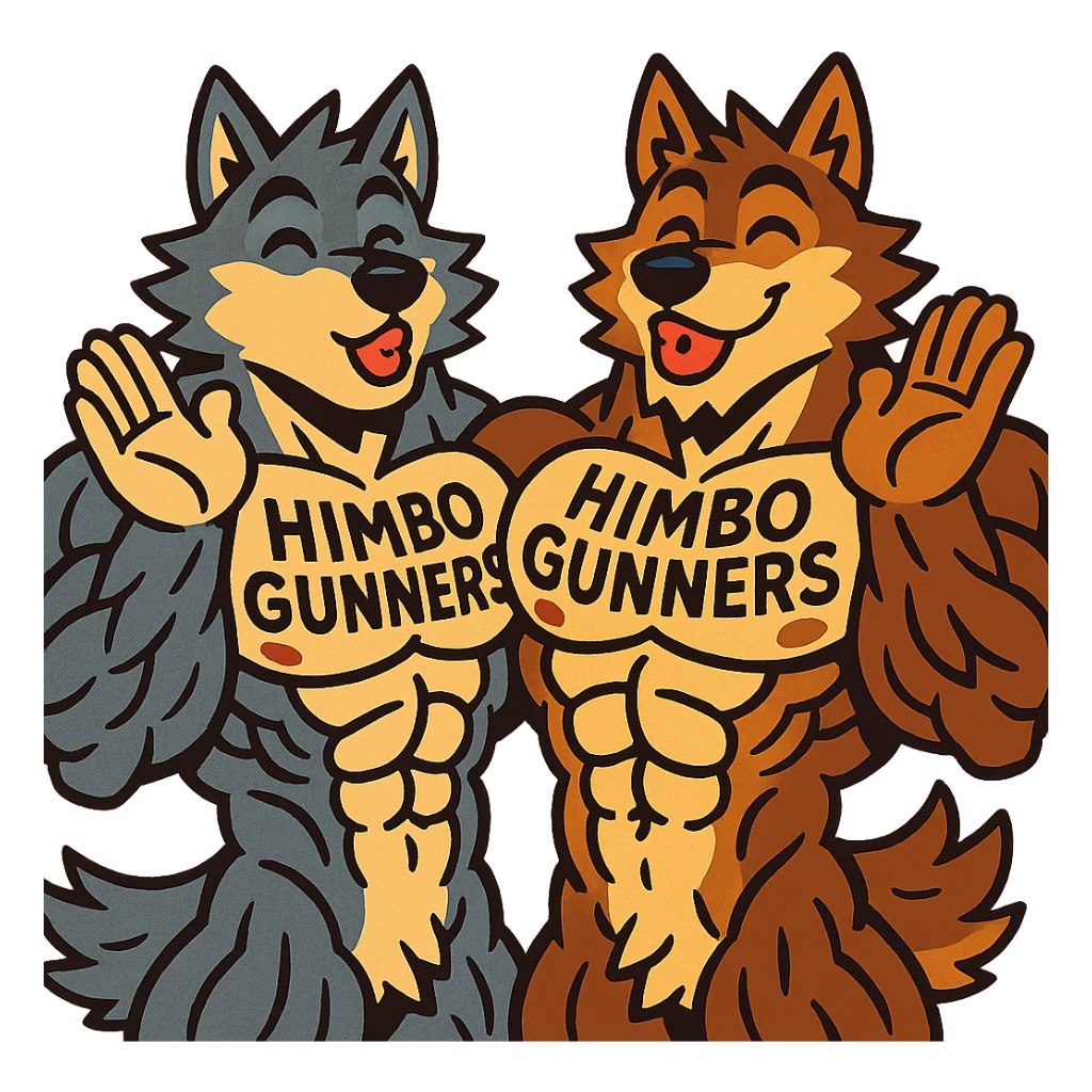 two hyper-muscular wolf furry characters, shirtless, with 'Himbo Gunners' tattoo on their chests, both sending a kiss, big smiles, playful and affectionate, oversized and detailed muscles, intricate fur, ultra high quality sticker