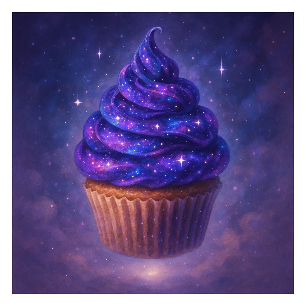magical cupcake floating in the air, topped with swirling galaxy-themed icing, sparkling stars and cosmic colors, dreamy and whimsical sticker