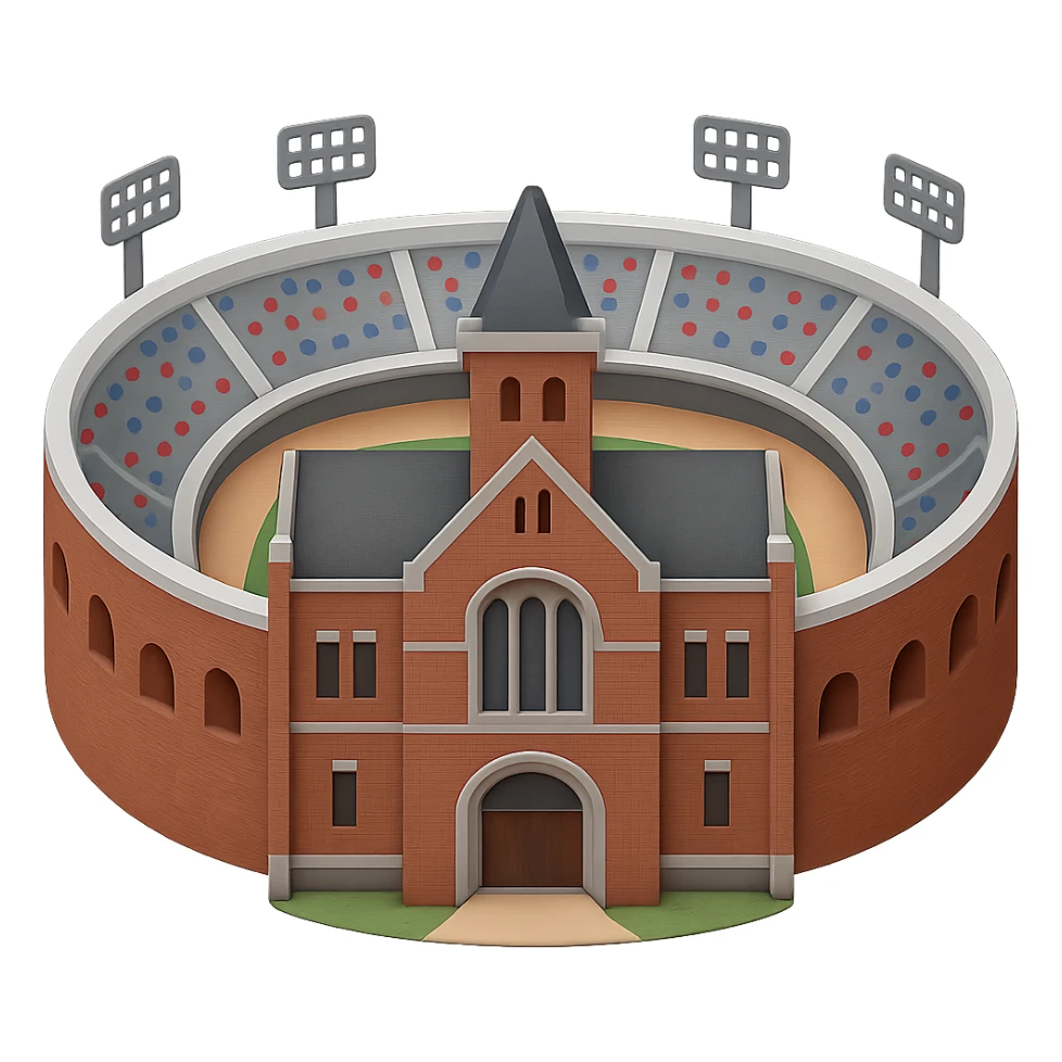 Adjust the emoji of Franklin Field so that the stadium curves around with both ends of the horseshoe-shaped stadium facing the front. Make Weightman Hall much wider as it is in reality. Keep the view focused on the front of Weightman Hall with the stadium surrounding it. Maintain realistic, lifelike detail, accurate colors, and bright lighting. The background should be transparent. sticker