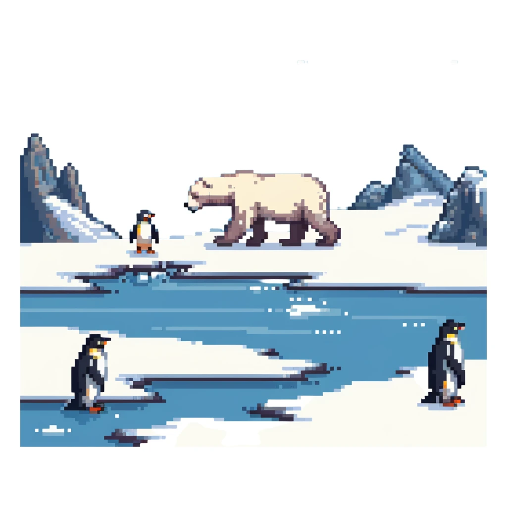 polar bear and penguins on snowy landscape sticker