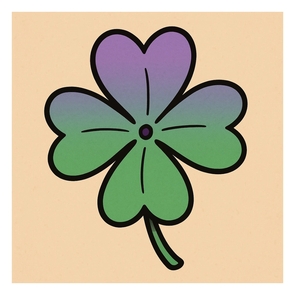 cartoon style four leaf clover with a top to bottom gradient from purple to green sticker