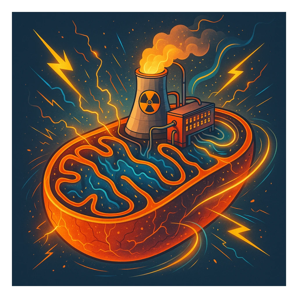 creative illustration of mitochondria-nuclear power plant, energetic details like sparks and light flows, modern detailed style inspired by DALL·E 3, bright colors, clear background sticker