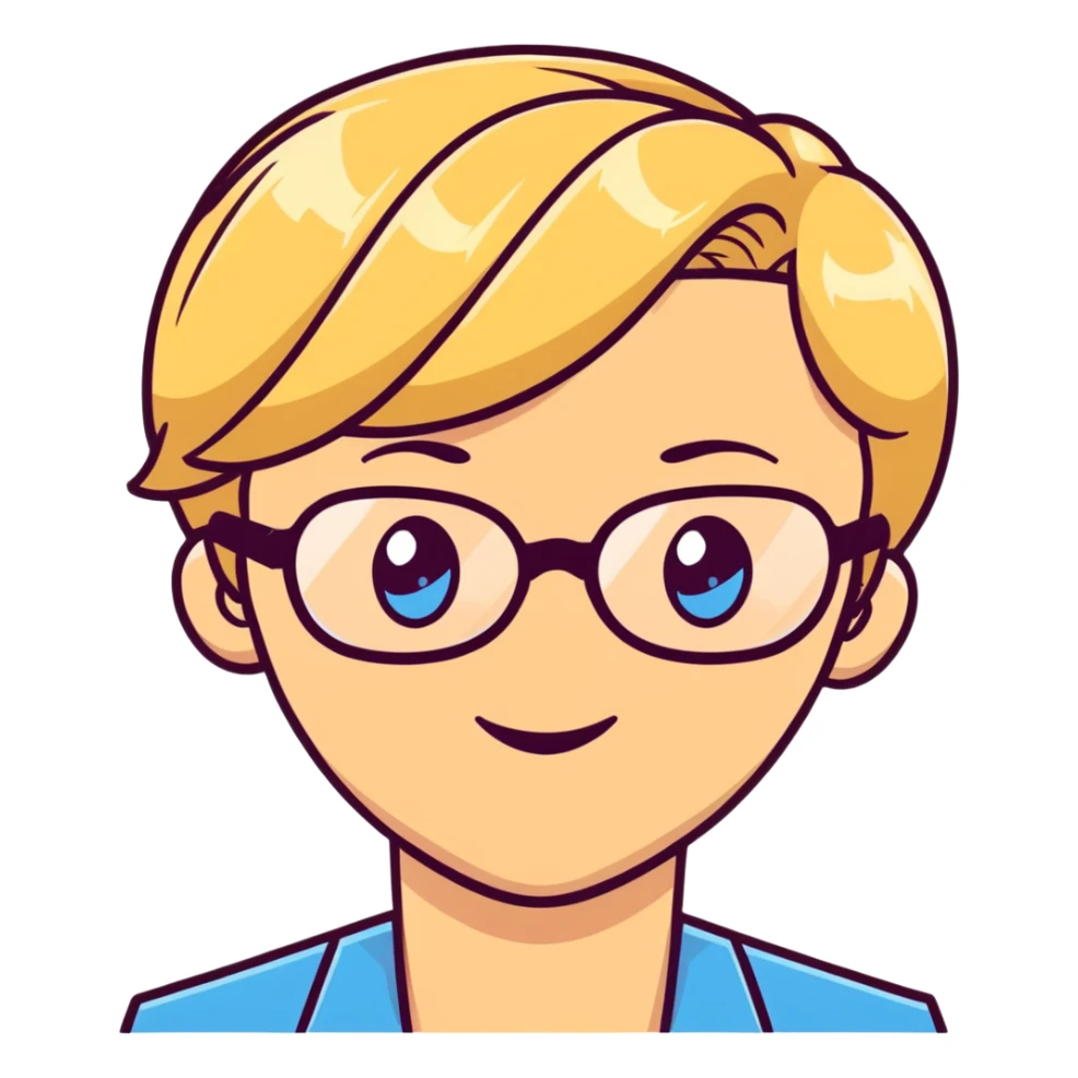 blonde teacher with pixie haircut, gold glasses, blue eyes, big eyelashes, nice smile sticker