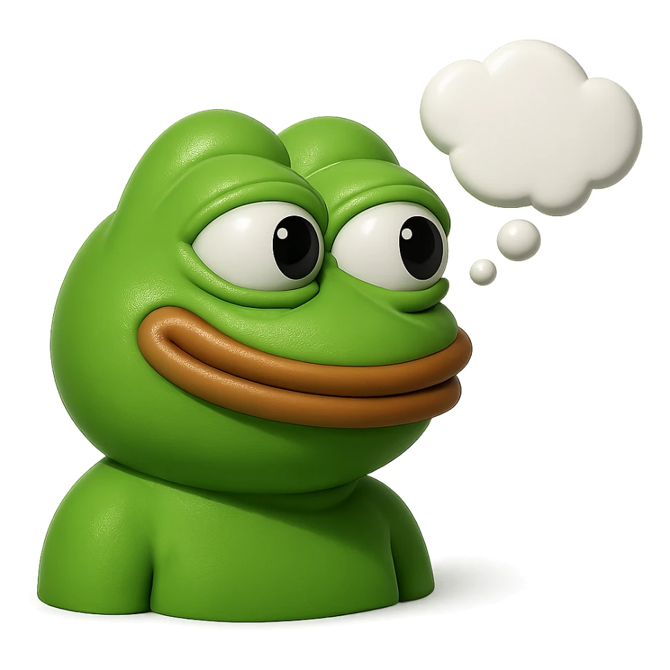 make a pepe in bright green smiling with thought bubble looking at right right in 3d style, good highlights and shadows, drop shadows sticker