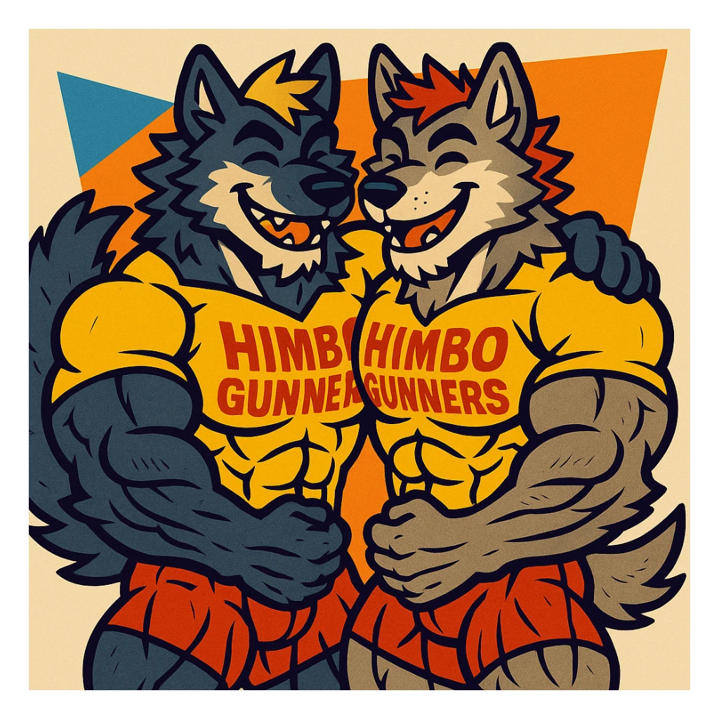 two super buff wolf furries wearing matching 'Himbo gunners' t-shirts, hugging, happy and confident, exaggerated muscle definition, detailed fur and anatomy, high quality sticker