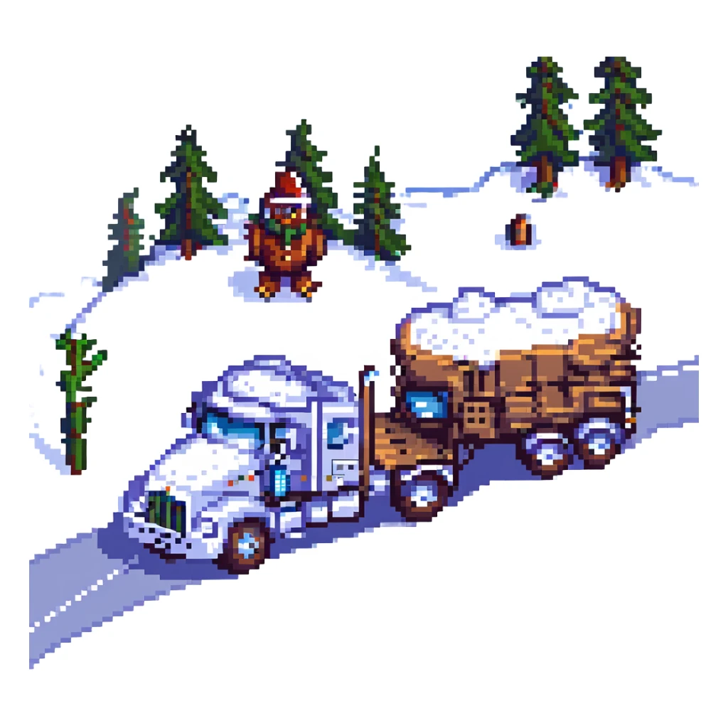 2026 Kenworth W680 flat top semi sleeper with stacks chasing an abominable snowman down the road, pixel art style sticker