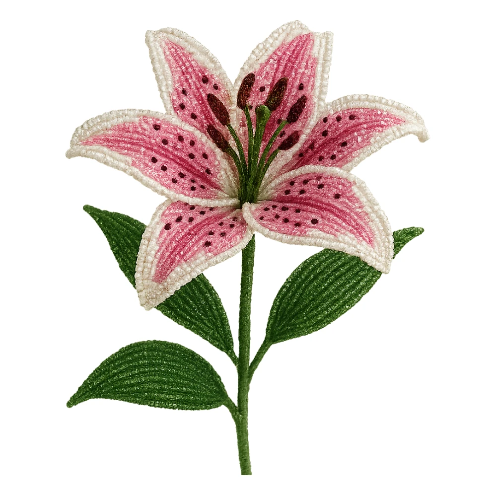 french beaded stargazer lily, beaded flower art, shimmering seed beads, pink and white petals with spots, green leaves, lifelike, no background sticker