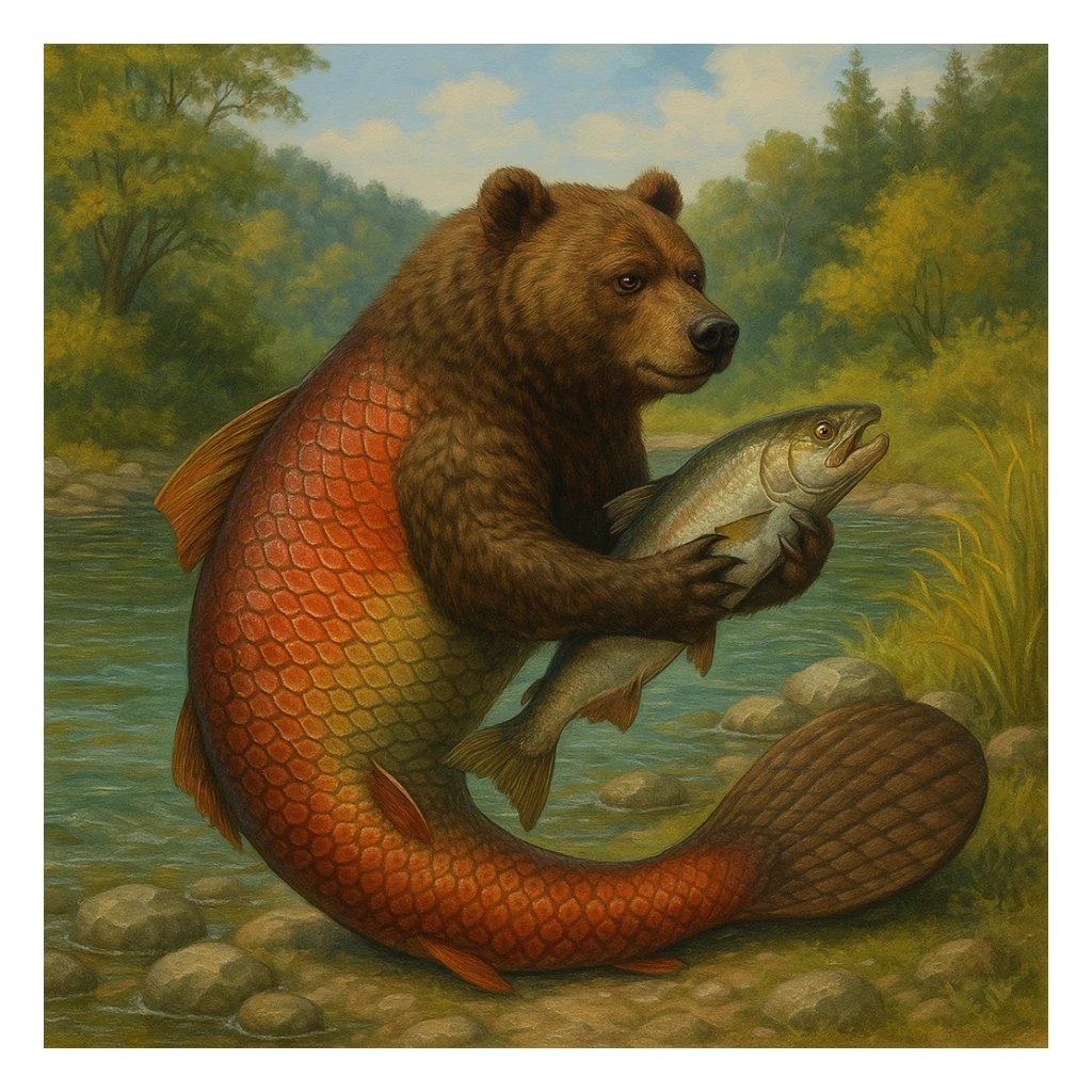 A bear with a salmon body and a beaver tail, holding a fish sticker