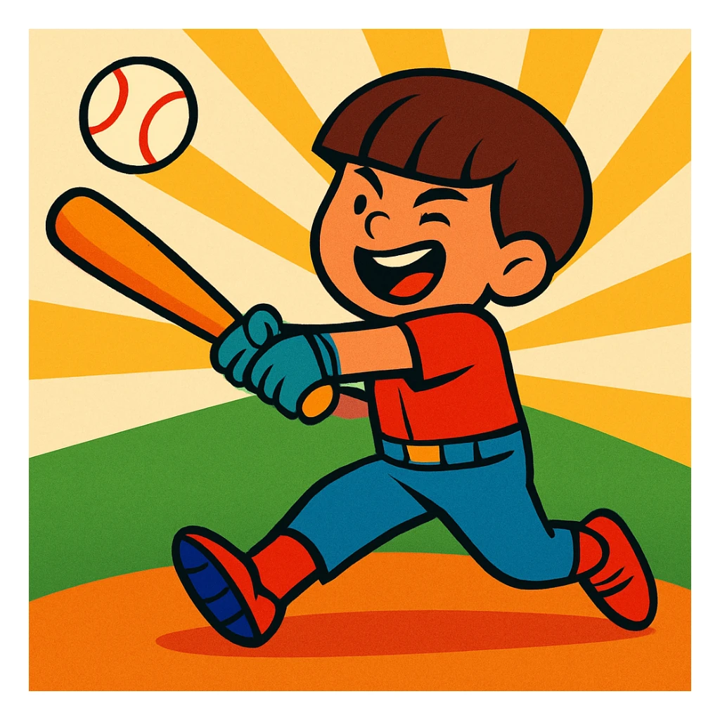 A boy with a bowl cut haircut hitting a home run in baseball, dynamic action, expressive, clear baseball bat and ball, energetic pose, vibrant cartoon style sticker