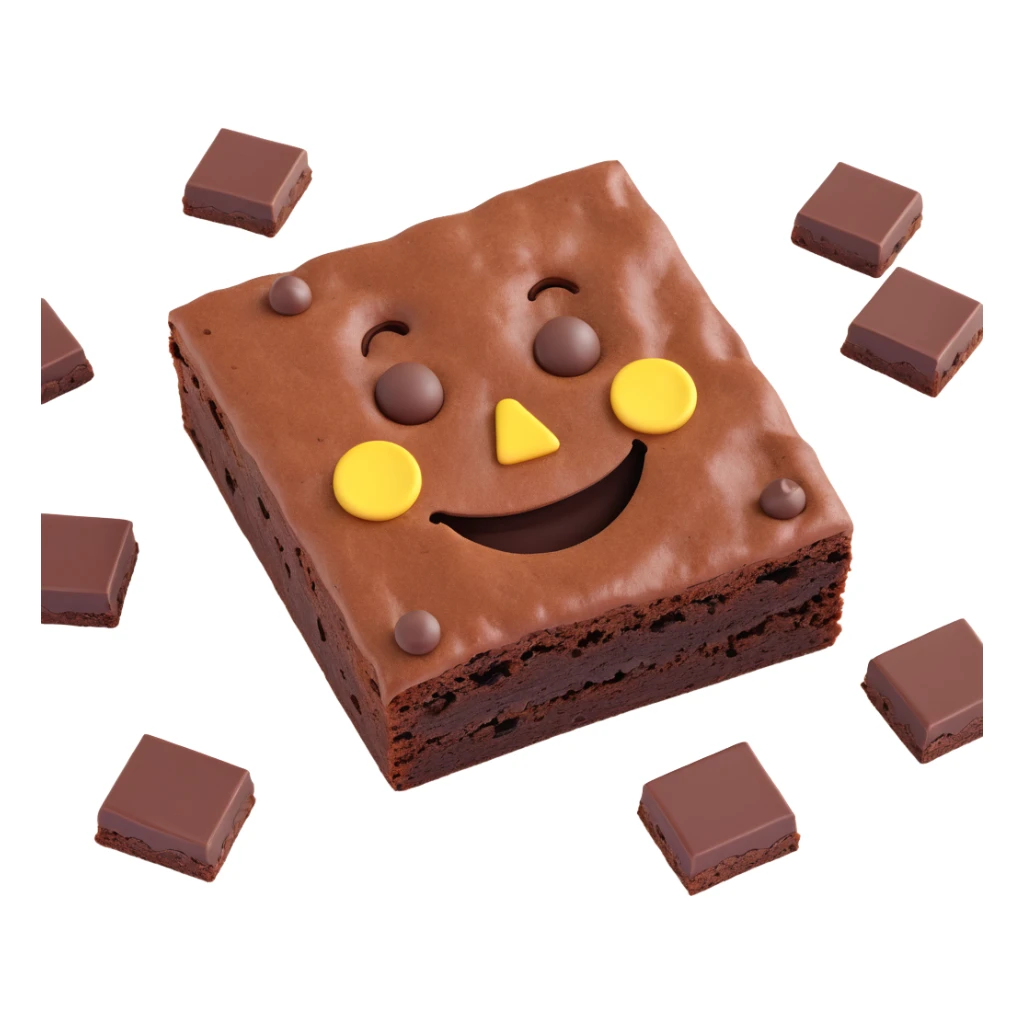 3D chocolate brownie with a smiley face, realistic depth, with chocolate chips, emoji style sticker