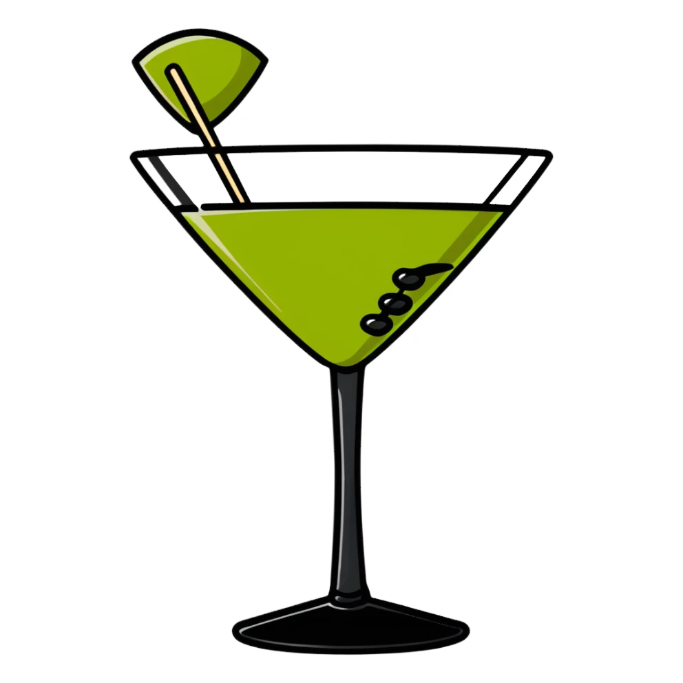 martini glass with completely colorless transparent liquid like pure water, with a green olive at the bottom skewered by a toothpick sticker
