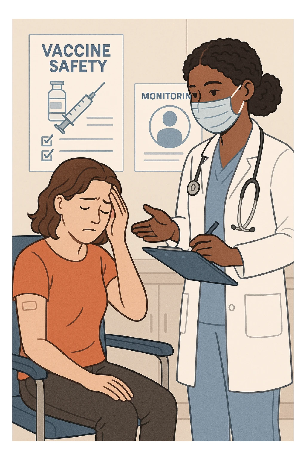 Vertical, educational medical illustration: a healthcare professional observes a patient who appears unwell after receiving a vaccine. The patient sits in a clinic chair, showing mild symptoms such as fatigue or headache, while the professional takes notes and offers reassurance. The background includes educational posters about vaccine safety and monitoring. sticker