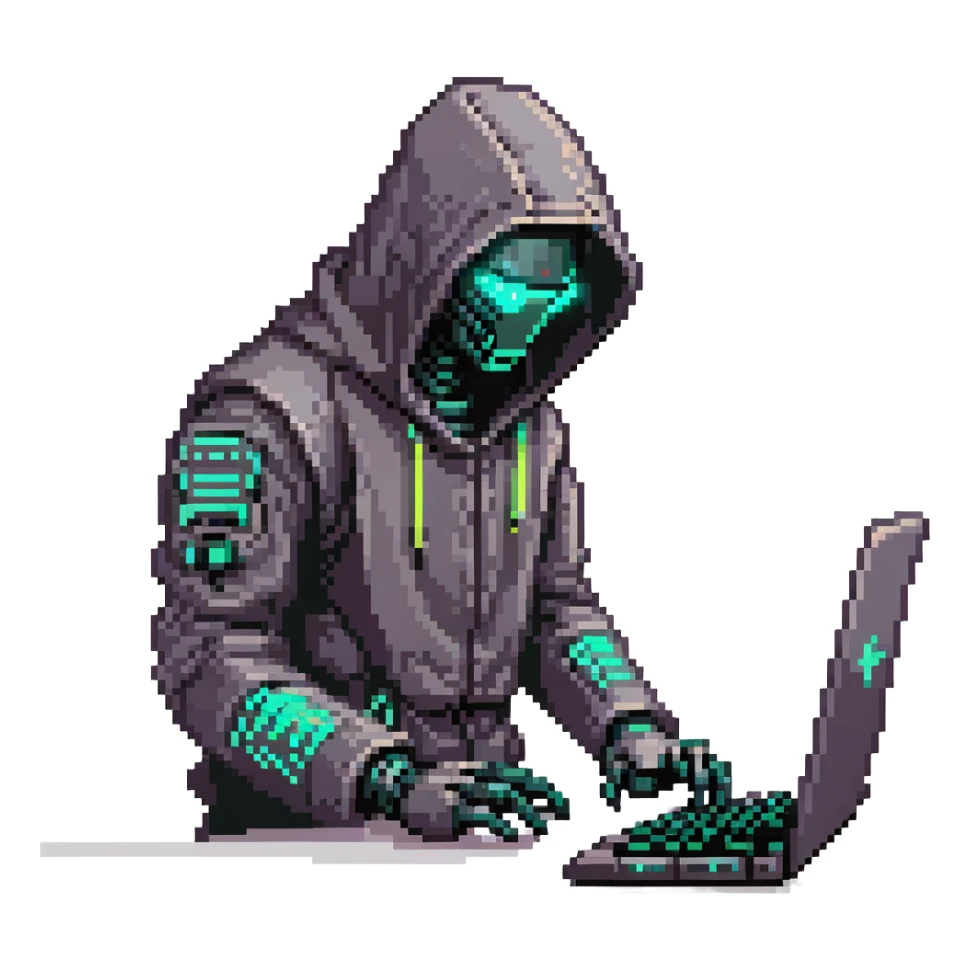 Dark cybernetic robot hacker with neon details, hood, typing on keyboard, hacking code sticker