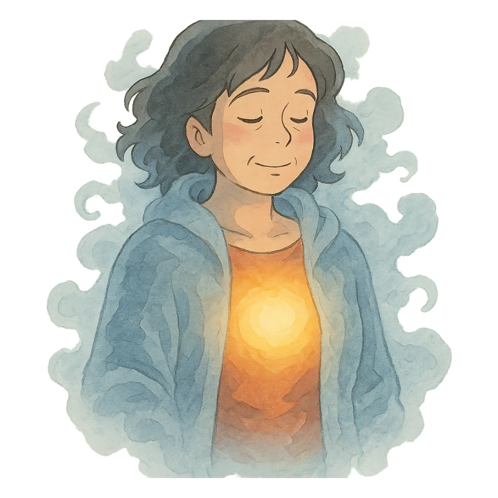 ghibli style: a woman with a gentle, warm light radiating from her chest, while her outer body is wrapped in a cool mist, representing menopause hot inside cold outside sticker