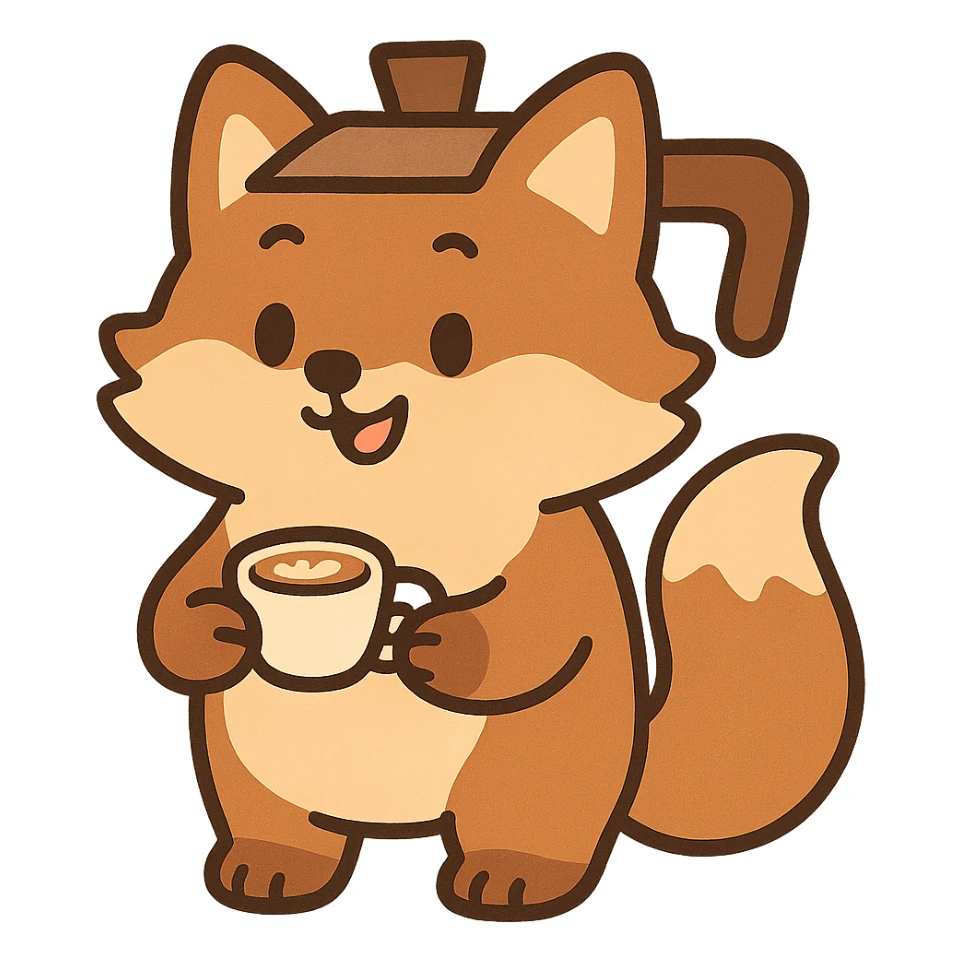 cute soft fluffy coffee maker fox, holding a tiny latte cup, brown and beige pastel, full-body sticker