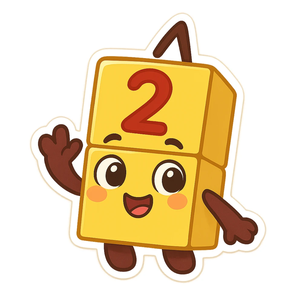 Numberblock 2, animated block character, two cubes, number 2, happy face, vibrant and educational style, cartoon style sticker