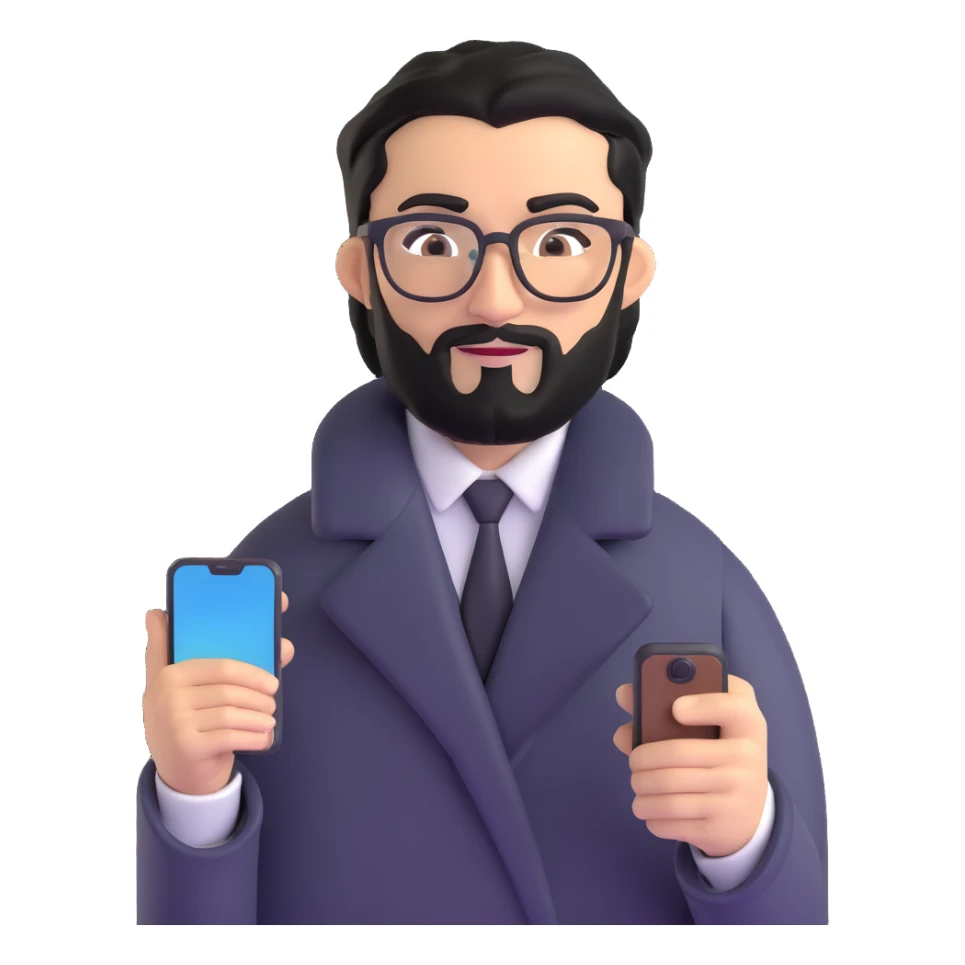 refined professional man standing, wearing black coat, with medium black beard, black hair neatly combed to one side, connected unibrow, olive tan skin, brown eyes, glasses, prominent nose, clearly holding a smartphone in hand sticker
