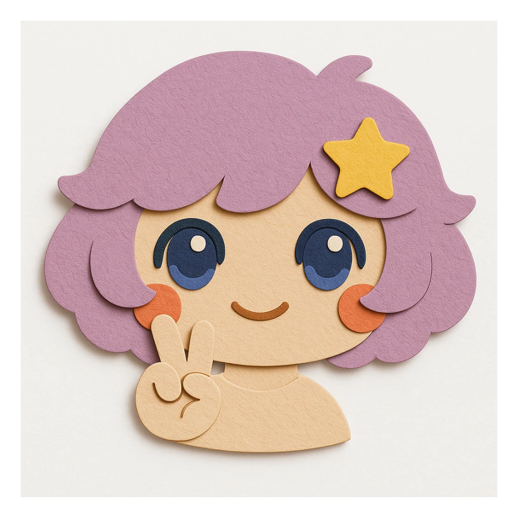 Edit the image to ensure the eyes are exactly the same in color, shape, and style as the reference. Remove the yellow moon from the hair. Remove the body, keeping only the head and the peace sign hand gesture. Preserve all other features and colors exactly as in the reference image, including the yellow star in the hair, hair color, blush, and paper craft style. Clean lines, transparent background. sticker