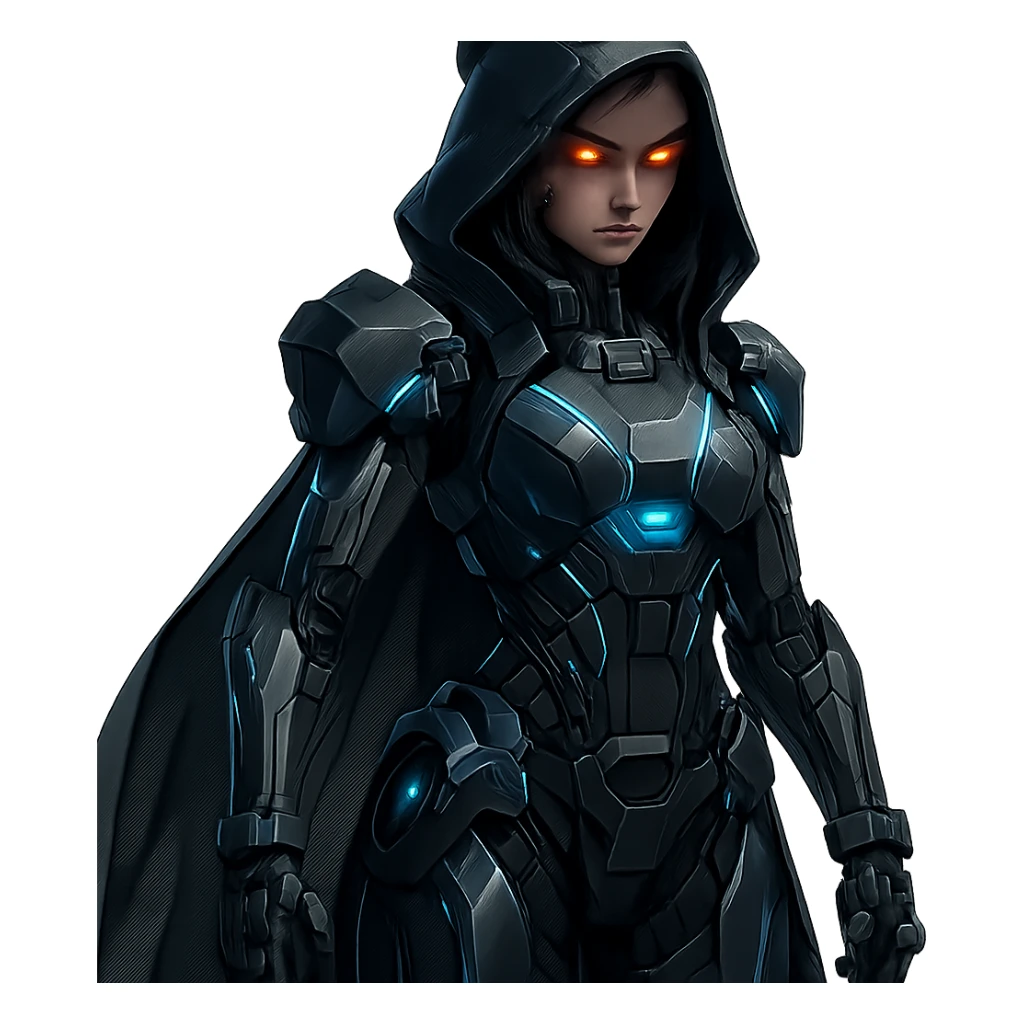 villainess, futuristic style, technological armor, glowing eyes sticker